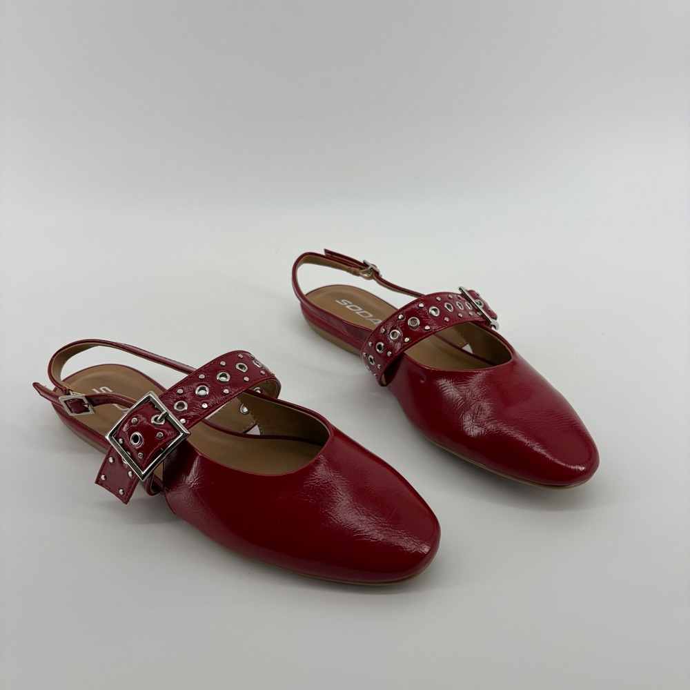 Soda Slingback Flats Red Womens 6.5 Patent Buckle Grommet Pointed Toe Shoes